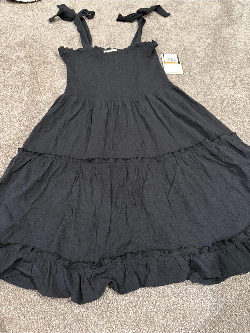 Miken Girls Black Smocked Tiered Sundress with Tie-Shoulder Straps